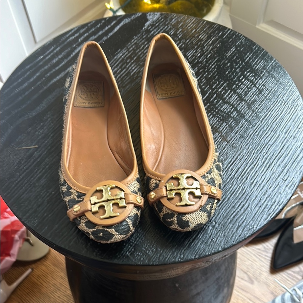 Tory Burch Brown and Gold Flats with Signature Medallion
